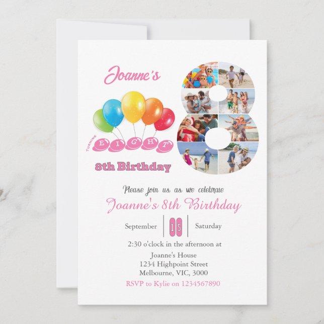 Invitación 8.º Chica de collage de fotos de cumpleaños número (Anverso)