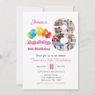 Invitación 8.º Chica de collage de fotos de cumpleaños número