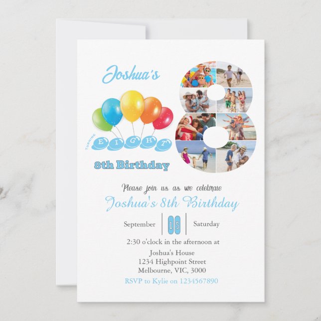 Invitación 8.º collage de fotos de cumpleaños número 8 Boy (Anverso)