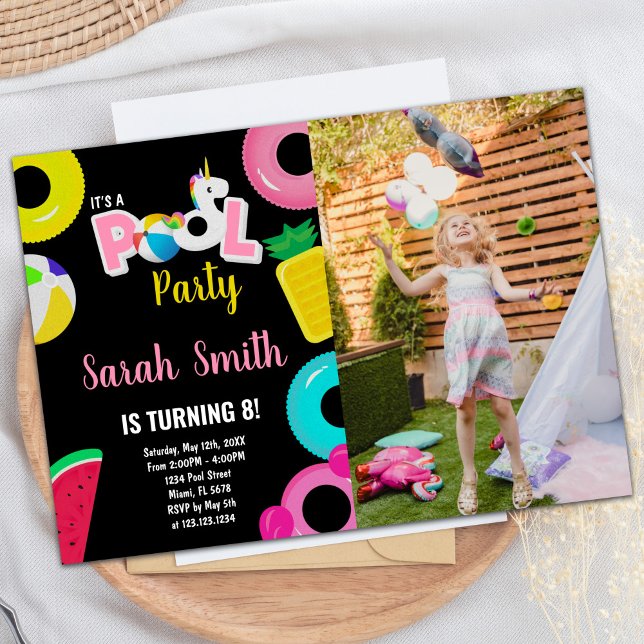 Invitación 8.º cumpleaños de la piscina de fotos de la sandía (8th Unicorn watermelon Photo Pool Birthday Invitation)