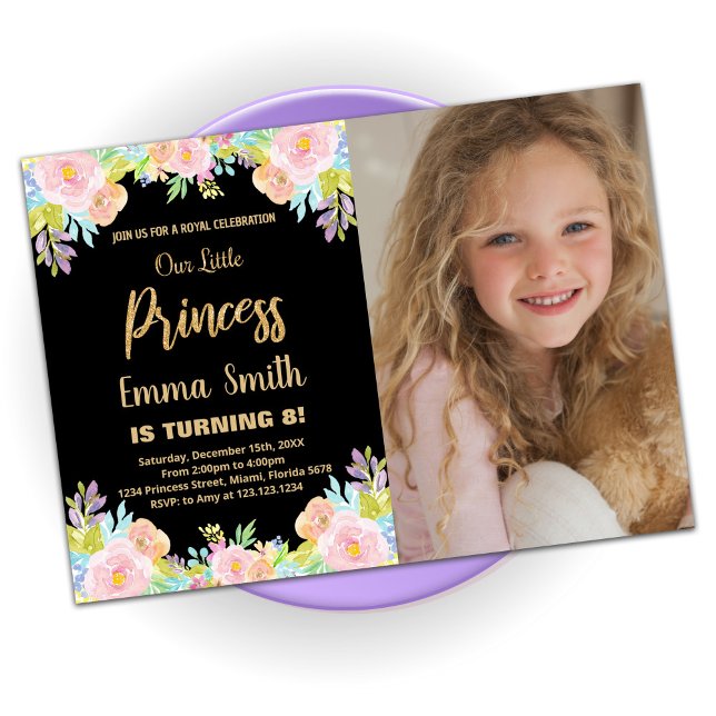 Invitación 8.º cumpleaños de la princesa Purpurina floral con (Subido por el creador)