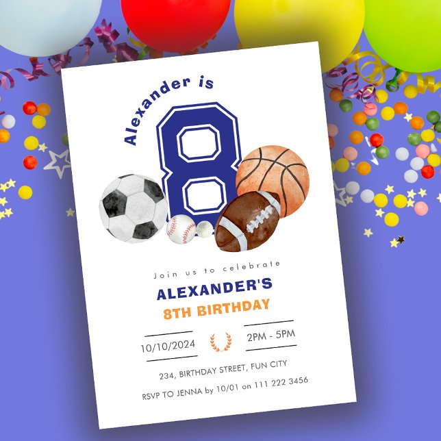 Invitación 8.º cumpleaños de un joven atleta (Sports 8th Boy Athlete Birthday Invitation)