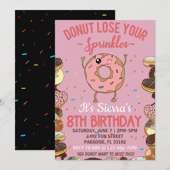 Invitación 8.º Cumpleaños Donut Pierde Tus Chicas Rociculante (Anverso / Reverso)