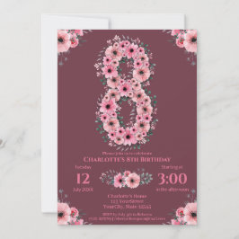 Invitación 8.º Gran Chica de Cumpleaños Flores Rosadas Foliag