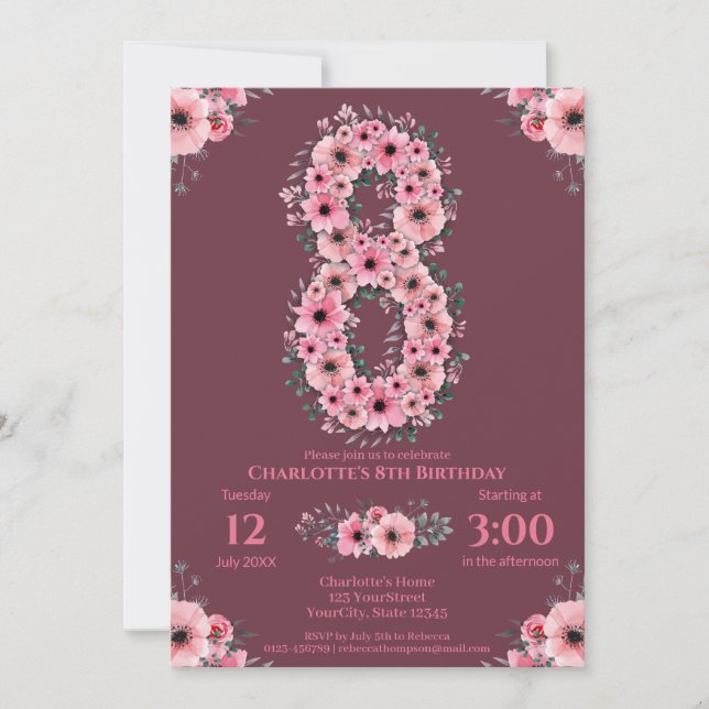 Invitación 8.º Gran Chica de Cumpleaños Flores Rosadas Foliag (Anverso)