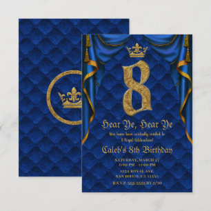 Invitación 8 cumpleaños Fiesta Royal Azul Corona Dorada