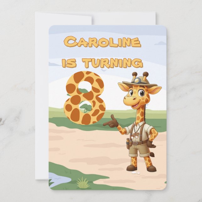 Invitación 8th birthday Cute Explorer Giraffe on safari (Anverso)