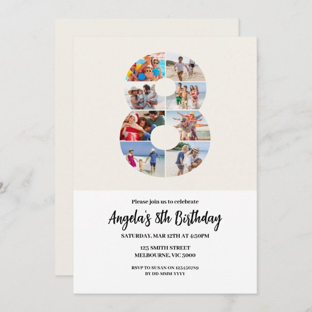 Invitación 8th Birthday Invitation Minimalist - Number 8 (Anverso / Reverso)