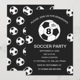Invitación 8th Birthday Party Soccer Black Boys Sports