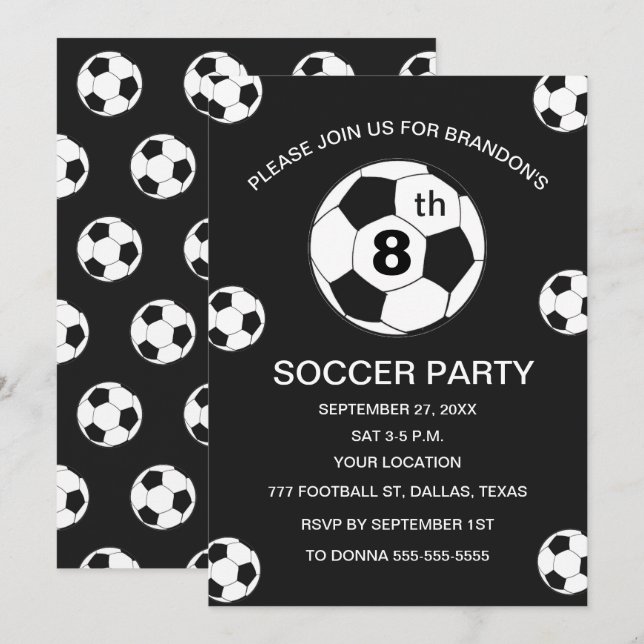 Invitación 8th Birthday Party Soccer Black Boys Sports (Anverso / Reverso)