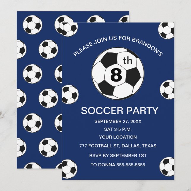 Invitación 8th Birthday Party Soccer Blue Boys Sports (Anverso / Reverso)