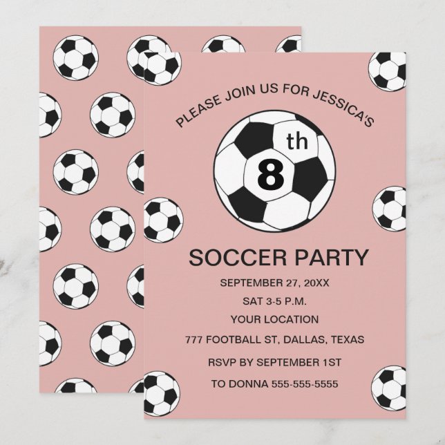 Invitación 8th Birthday Party Soccer Pink Girls Sports (Anverso / Reverso)