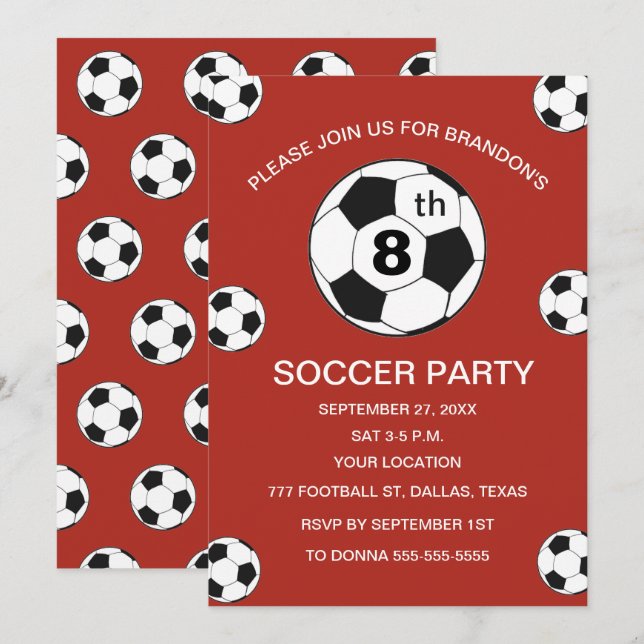 Invitación 8th Birthday Party Soccer Red Boys Sports (Anverso / Reverso)