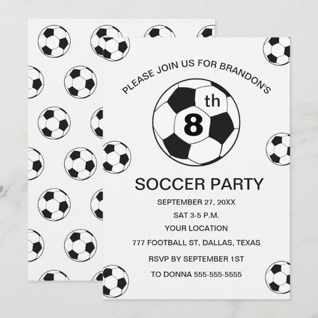 Invitación 8th Birthday Party Soccer White Boys Sports (Anverso / Reverso)