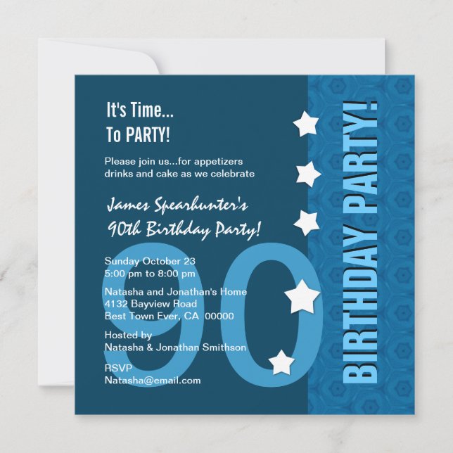 Invitación 90º cumpleaños modernos de Blue Funny D90B (Anverso)