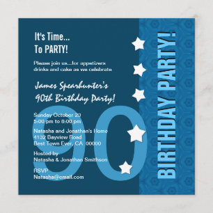 Invitación 90º cumpleaños modernos de Blue Funny D90B