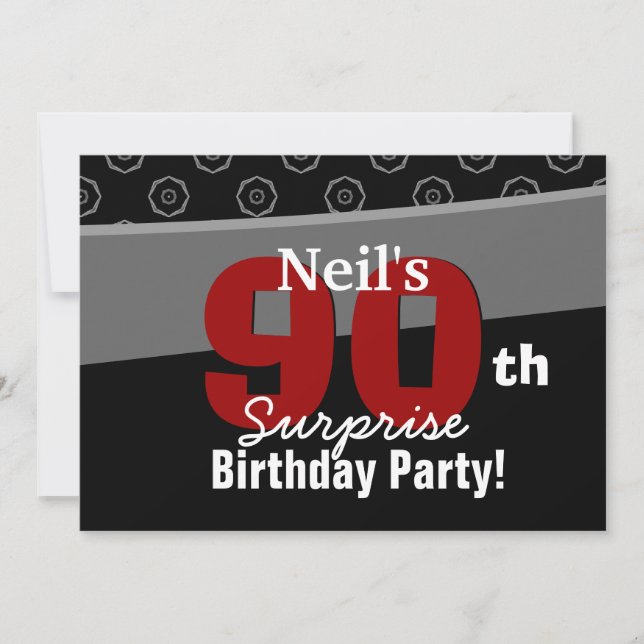 Invitación 90º cumpleaños sorpresa blanco negro horizontal (Anverso)