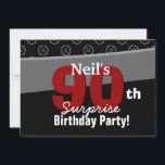 Invitación 90º cumpleaños sorpresa blanco negro horizontal<br><div class="desc">Este moderno diseño geométrico negro, blanco, gris y rojo (¡como la corbata de un hombre!) es una manera divertida y elegante de invitar a la gente a la celebración del 90 aniversario de SURPRISE. Todo el texto es totalmente personalizable. Puede experimentar con diferentes tipos de papel haciendo clic en la...</div>