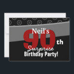 Invitación 90º cumpleaños sorpresa blanco negro horizontal<br><div class="desc">Este moderno diseño geométrico negro, blanco, gris y rojo (¡como la corbata de un hombre!) es una manera divertida y elegante de invitar a la gente a la celebración del 90 aniversario de SURPRISE. Todo el texto es totalmente personalizable. Puede experimentar con diferentes tipos de papel haciendo clic en la...</div>