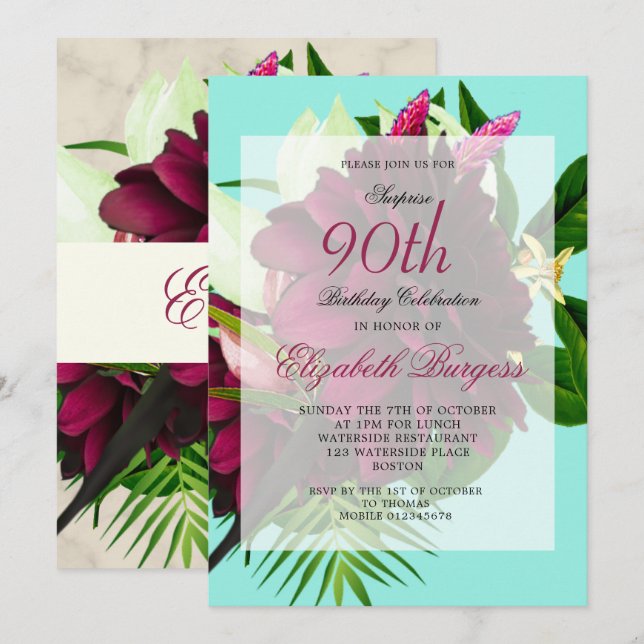 Invitación 90.ª Crema Azul Floral Elegante Cumpleaños Moderno (Anverso / Reverso)