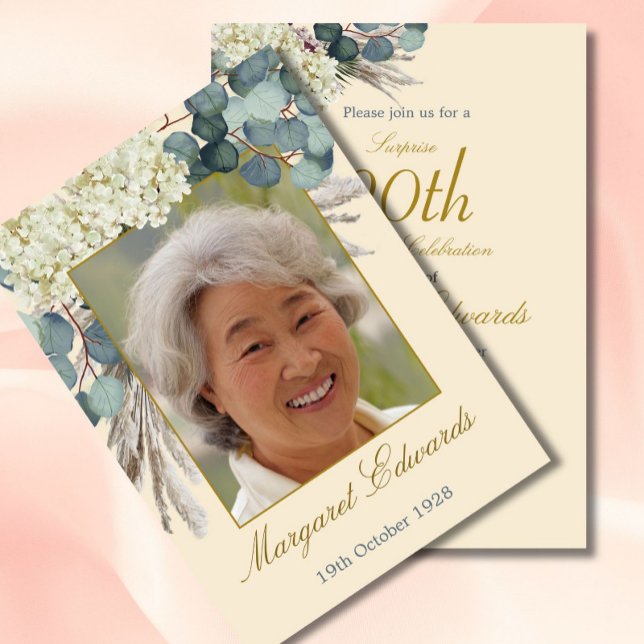 Invitación 90.ª Crema Neutral Floral Elegante Foto Cumpleaños (Subido por el creador)