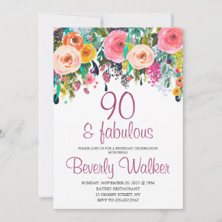 Invitación 90.ª fabulosa fiesta de cumpleaños de acuarela flo