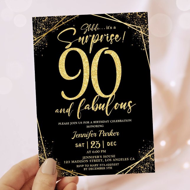 Invitación 90.ª Fiesta de Cumpleaños 90 Fabulous Black Gold P (Subido por el creador)