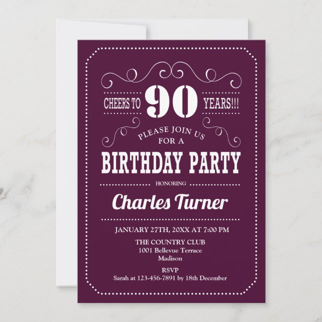 Invitación 90.ª fiesta de cumpleaños - Blanco Borgoña (Anverso)