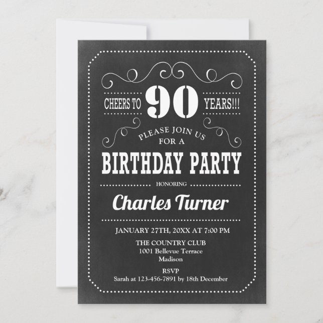 Invitación 90.ª fiesta de cumpleaños - Blanco negro de pizarr (Anverso)