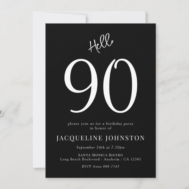 Invitación 90.ª Fiesta de Cumpleaños Blanco y Negro (Anverso)