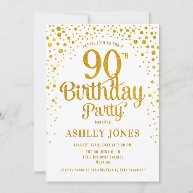 Invitación 90.ª Fiesta de Cumpleaños - Blanco y Oro (Anverso)