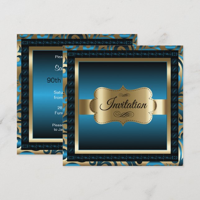 Invitación 90.ª fiesta de cumpleaños | Blue Metallic & Gold (Anverso / Reverso)