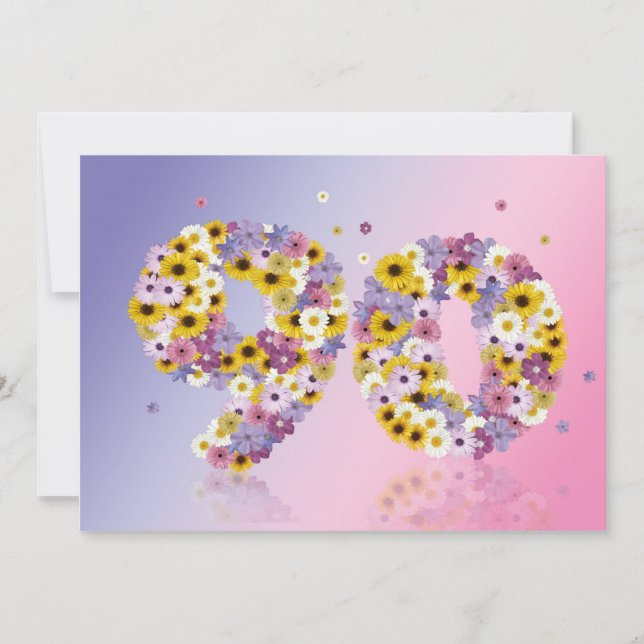 Invitación 90.ª fiesta de cumpleaños, con letras con flores (Anverso)