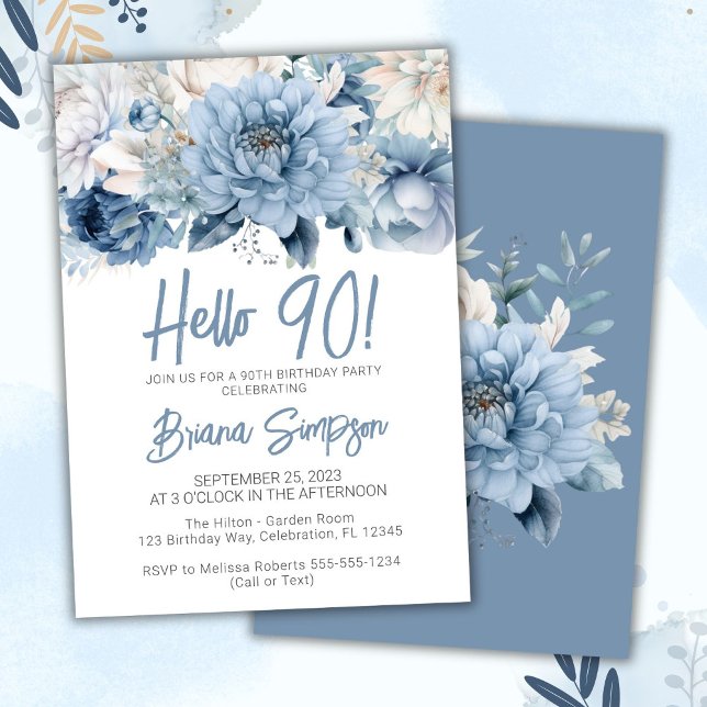 Invitación 90.ª fiesta de cumpleaños Dusty Blue Floral (Subido por el creador)