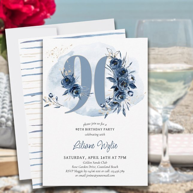 Invitación 90.ª Fiesta de Cumpleaños Floral Azul Costero Núme (Subido por el creador)