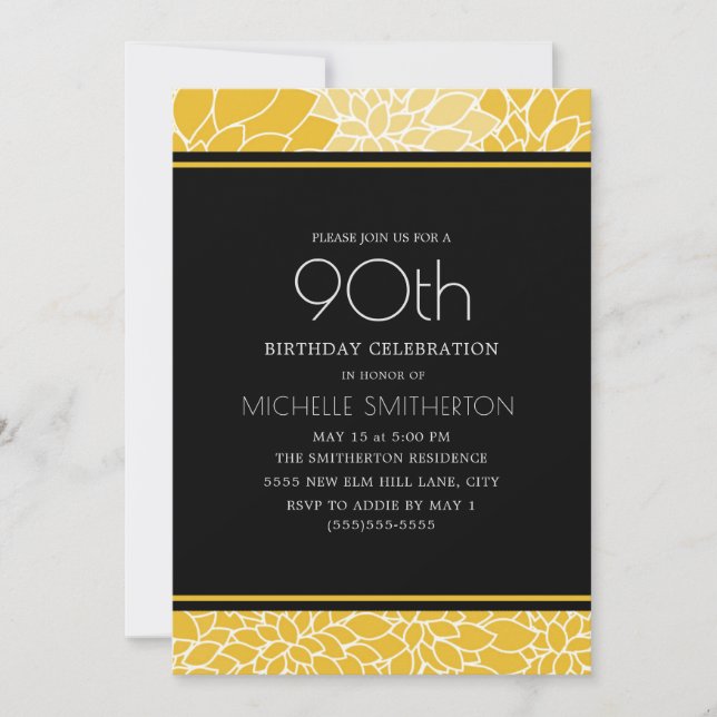 Invitación 90.ª fiesta de cumpleaños Floral blanca amarilla n (Anverso)