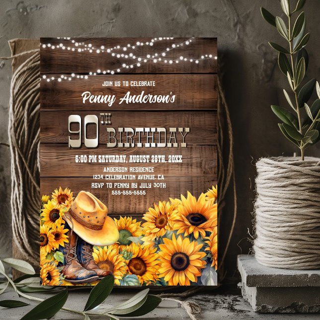 Invitación 90.ª fiesta de cumpleaños Girasol de madera rústic (Subido por el creador)