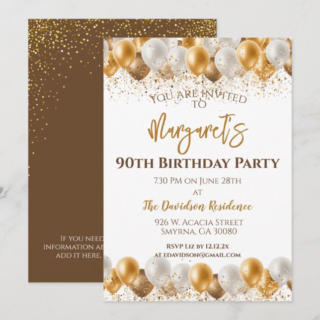 Invitación 90.ª Fiesta de Cumpleaños Globos de Plata de Oro (Anverso / Reverso)