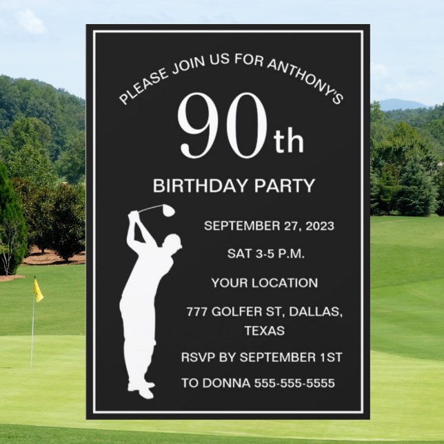 Invitación 90.ª Fiesta de Cumpleaños Golf Black Par Adult Gol (Subido por el creador)