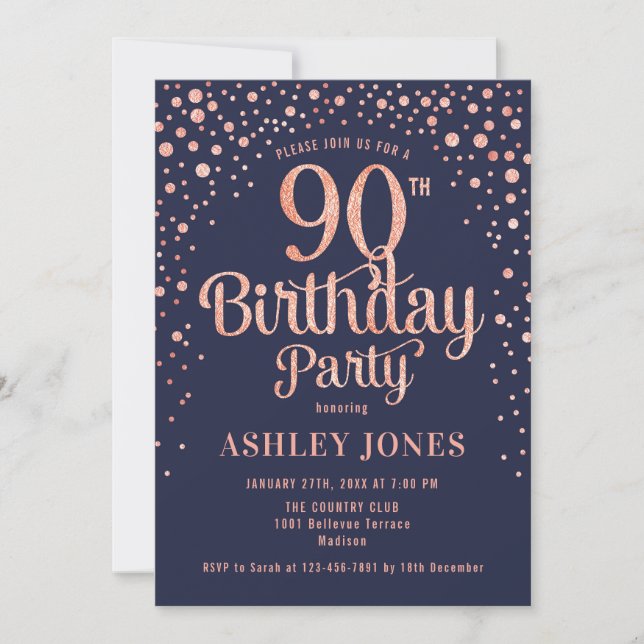 Invitación 90.ª Fiesta de Cumpleaños - Marina y Oro Rosa (Anverso)