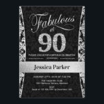Invitación 90.ª fiesta de cumpleaños - negro plateado<br><div class="desc">Invitación a la fiesta de cumpleaños número 90 en negro y plata. Elegante carta de invitación con falsos purpurinas de plata y diamantes. Presenta el patrón de damasco y el tipo de letra del guión. ¡Fabuloso a las noventa! El diseño clásico es perfecto para un fiesta elegante. Por favor, envíame...</div>