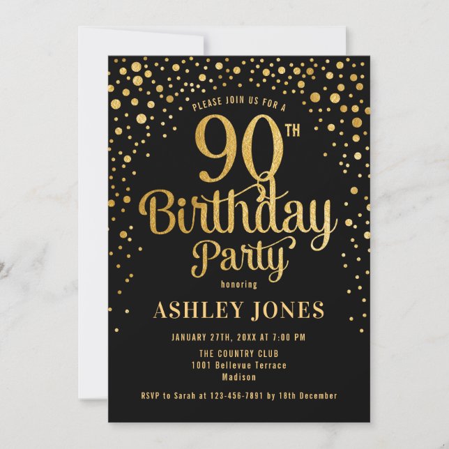 Invitación 90.ª fiesta de cumpleaños - Negro y Oro (Anverso)