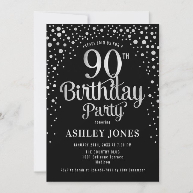 Invitación 90.ª fiesta de cumpleaños - Negro y Plata (Anverso)
