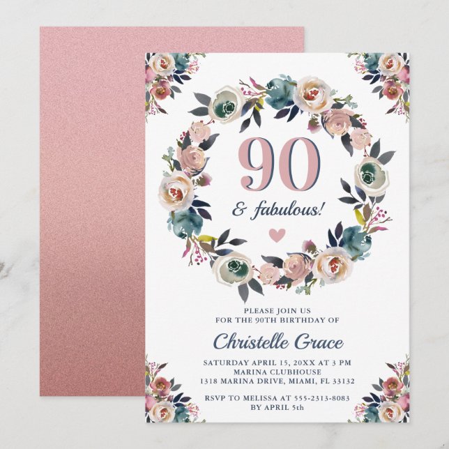 Invitación 90.ª Fiesta de Cumpleaños Noventa y Fabulosa Dama  (Anverso / Reverso)