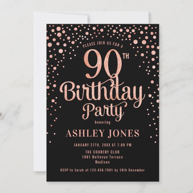 Invitación 90.ª fiesta de cumpleaños - Oro negro y Rosa (Anverso)