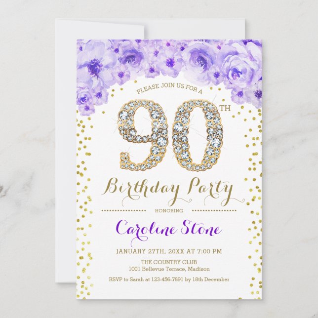 Invitación 90.ª fiesta de cumpleaños - Púrpura de oro blanco (Anverso)