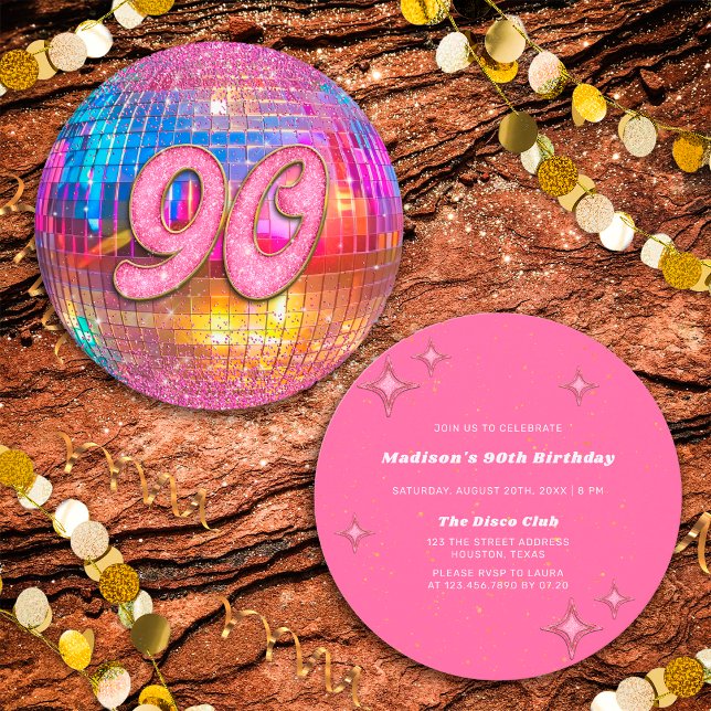 Invitación 90.ª fiesta de cumpleaños Purpurina rosado dorado  (Front/Back)