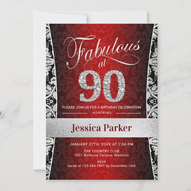 Invitación 90.ª fiesta de cumpleaños - Rojo negro plateado (Anverso)