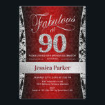 Invitación 90.ª fiesta de cumpleaños - Rojo negro plateado<br><div class="desc">Invitación a la fiesta de cumpleaños número 90 en rojo, negro y plata. Elegante carta de invitación con falsos purpurinas de plata y diamantes. Presenta el patrón de damasco y el tipo de letra del guión. ¡Fabuloso a las noventa! El diseño clásico es perfecto para un fiesta elegante. Por favor,...</div>