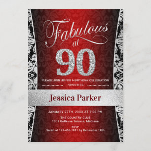 Invitación 90.ª fiesta de cumpleaños - Rojo negro plateado